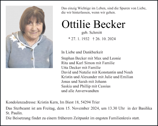 Traueranzeige von Ottilie Becker von trierischer_volksfreund