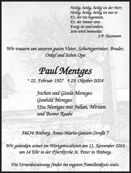 Traueranzeige von Paul Mentges von trierischer_volksfreund