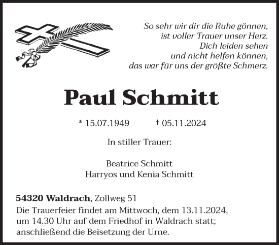 Traueranzeige von Paul Schmitt von trierischer_volksfreund