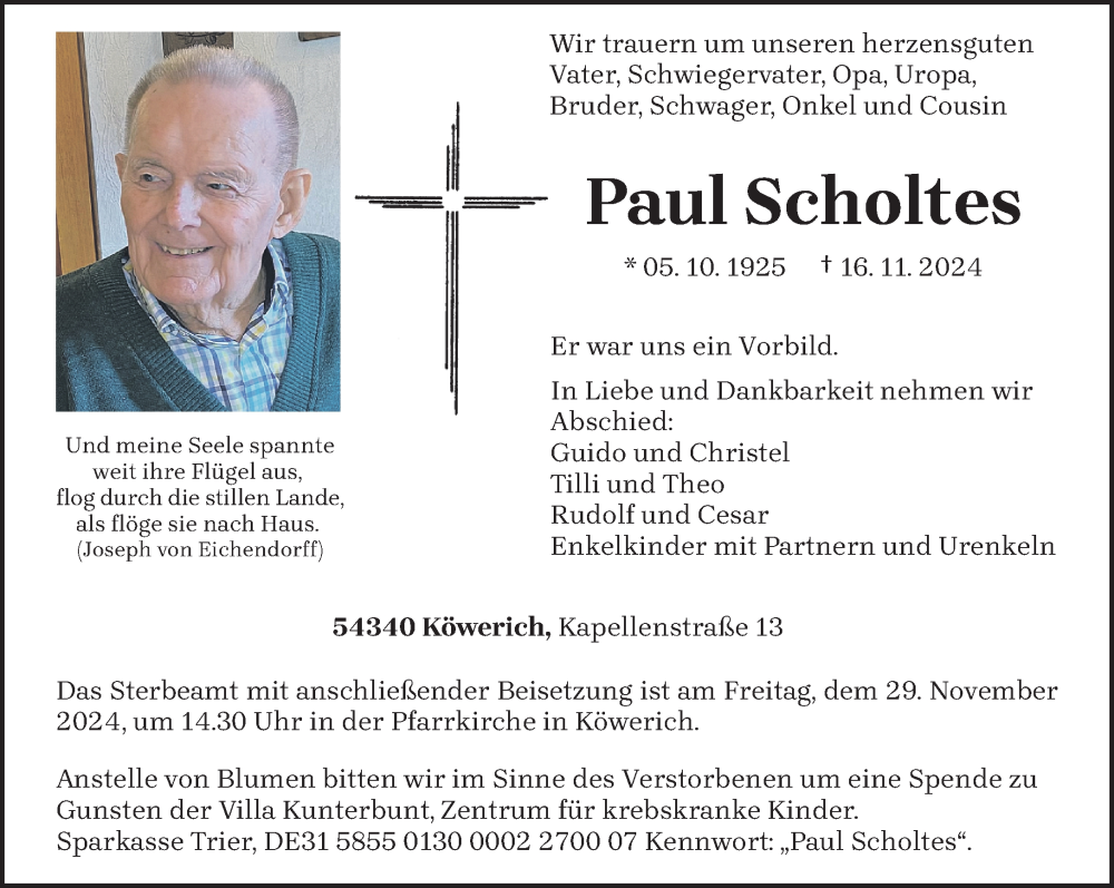 Traueranzeige für Paul Scholtes vom 23.11.2024 aus trierischer_volksfreund