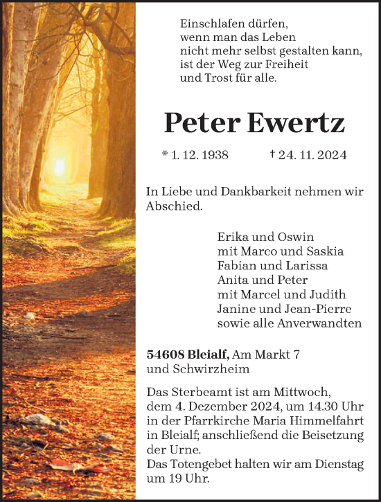 Traueranzeige von Peter Ewertz von trierischer_volksfreund