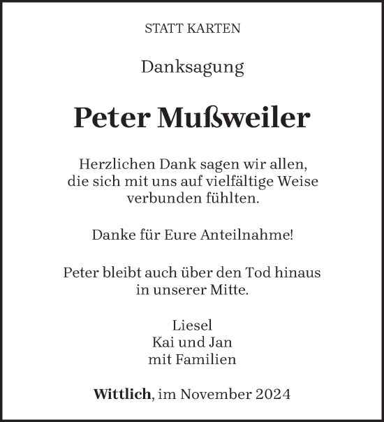 Traueranzeige von Peter Mußweiler von trierischer_volksfreund