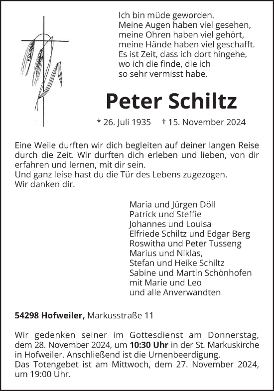 Traueranzeige von Peter Schiltz von trierischer_volksfreund