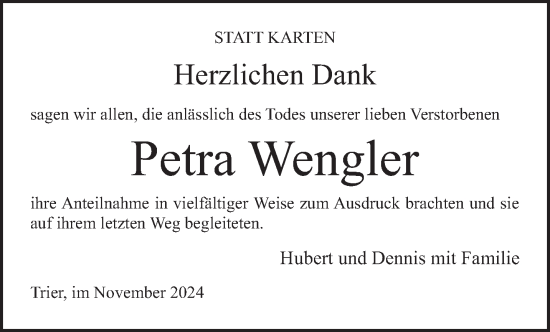 Traueranzeige von Petra Wengler von trierischer_volksfreund