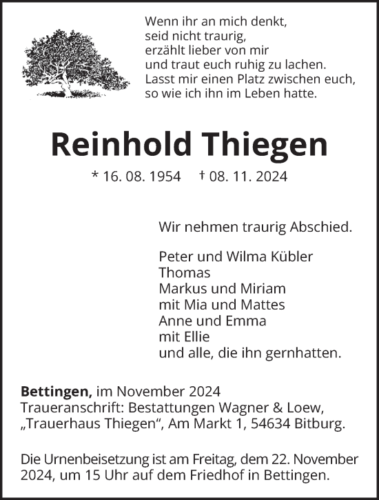 Traueranzeige von Reinhold Thiegen von trierischer_volksfreund