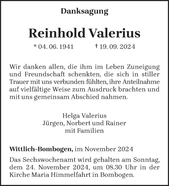 Traueranzeige von Reinhold Valerius von trierischer_volksfreund