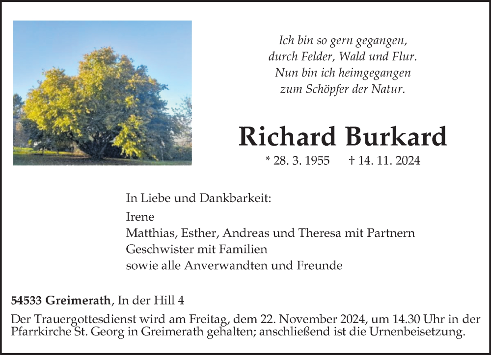  Traueranzeige für Richard Burkard vom 20.11.2024 aus trierischer_volksfreund