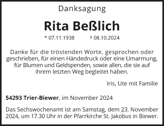 Traueranzeige von Rita Beßlich von trierischer_volksfreund