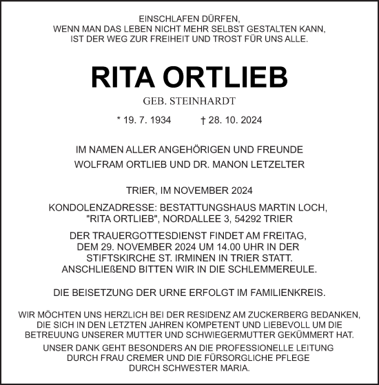 Traueranzeige von Rita Ortlieb von trierischer_volksfreund