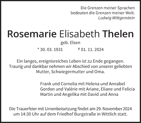 Traueranzeige von Rosemarie Elisabeth Thelen von trierischer_volksfreund