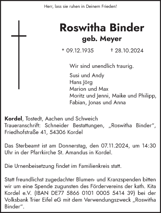 Traueranzeige von Roswitha Binder von trierischer_volksfreund