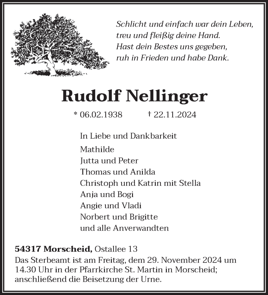  Traueranzeige für Rudolf Nellinger vom 27.11.2024 aus trierischer_volksfreund