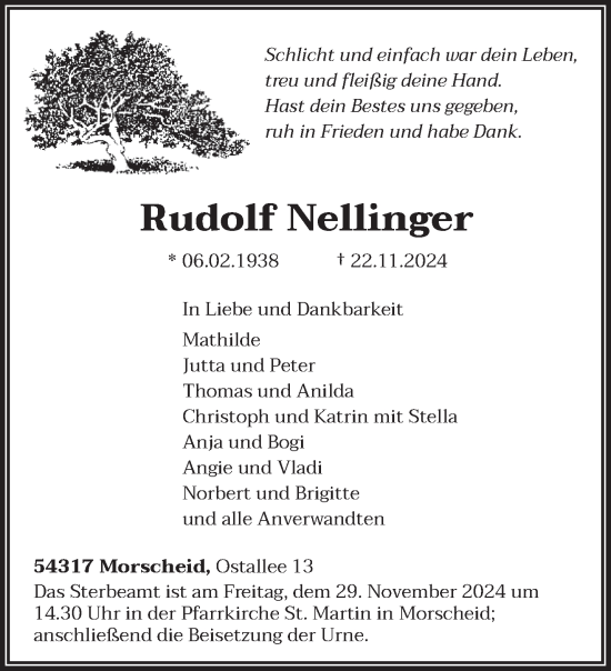 Traueranzeige von Rudolf Nellinger von trierischer_volksfreund