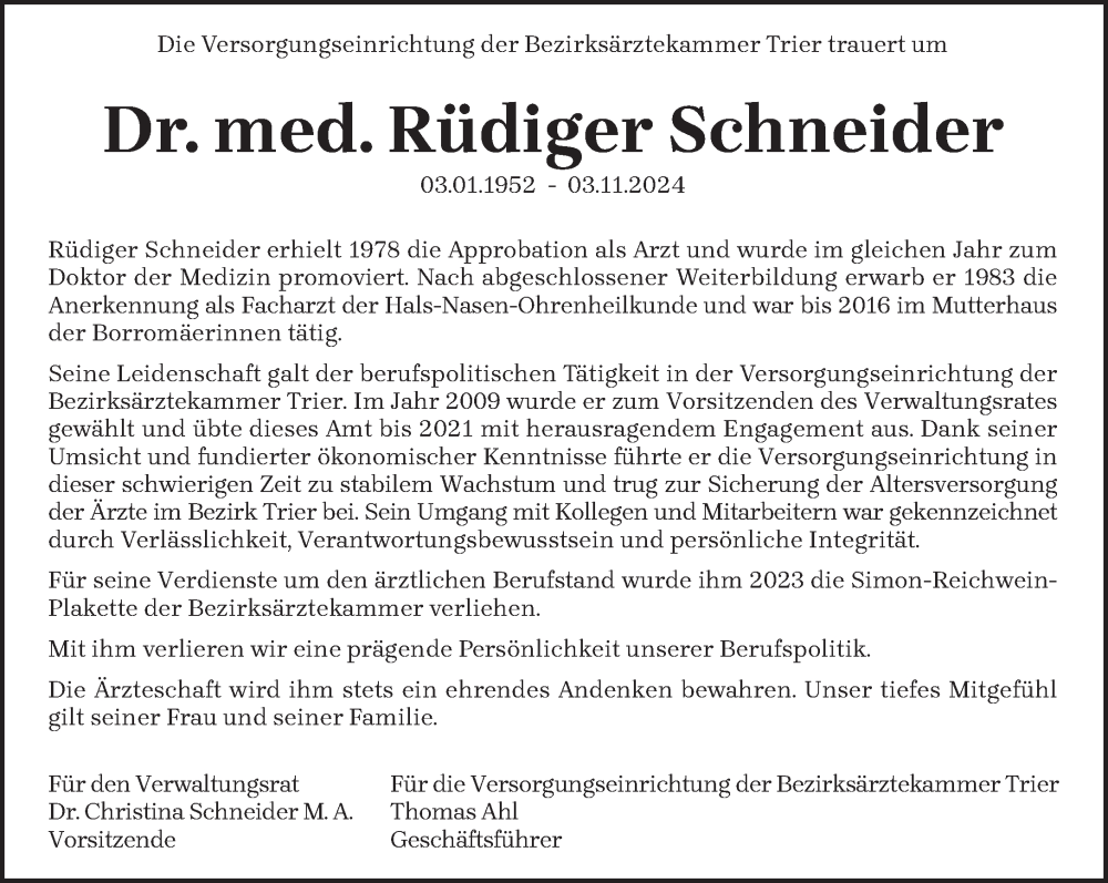  Traueranzeige für Rüdiger Schneider vom 09.11.2024 aus trierischer_volksfreund