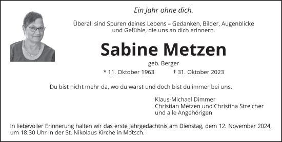 Traueranzeige von Sabine Metzen von trierischer_volksfreund