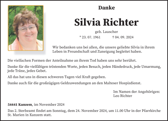 Traueranzeige von Silvia Richter von trierischer_volksfreund