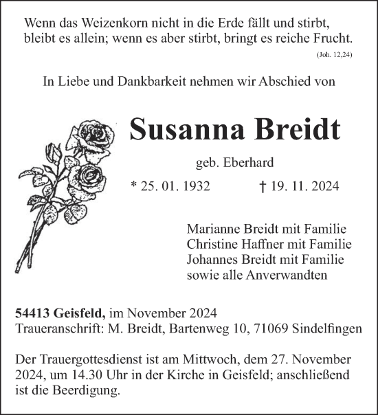 Traueranzeige von Susanna Breidt von trierischer_volksfreund