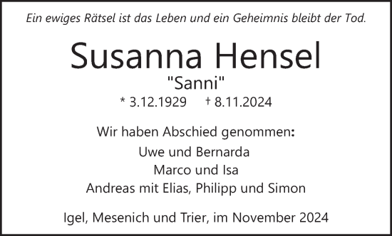 Traueranzeige von Susanna Hensel von trierischer_volksfreund