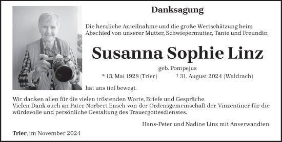 Traueranzeige von Susanna Sophie Linz von trierischer_volksfreund