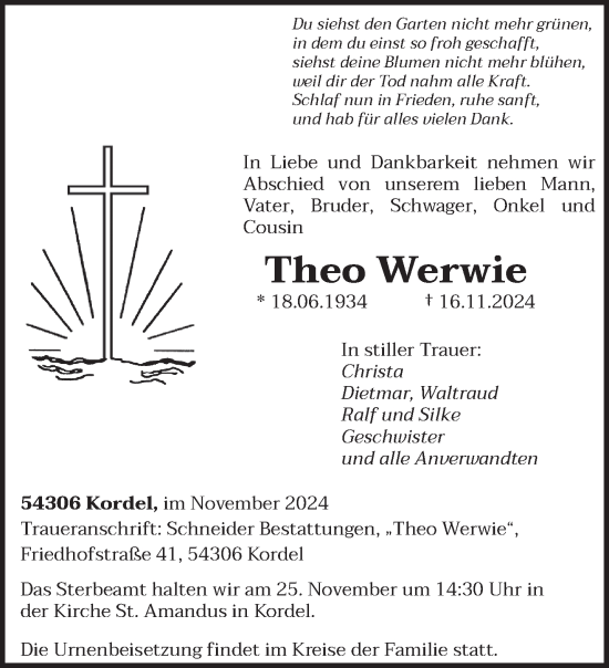 Traueranzeige von Theo Werwie von trierischer_volksfreund