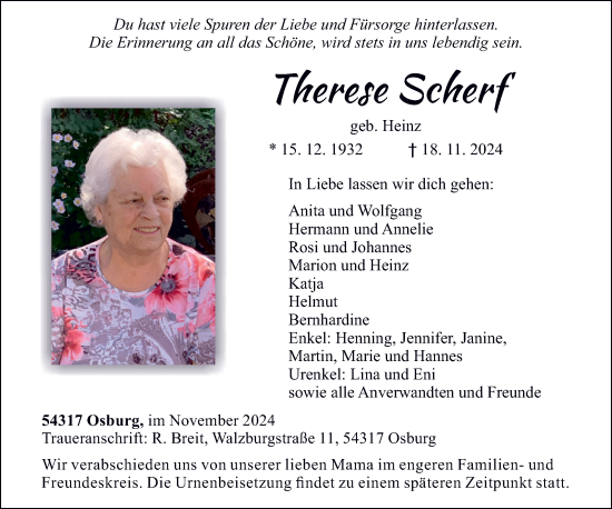 Traueranzeige von Therese Scherf von trierischer_volksfreund