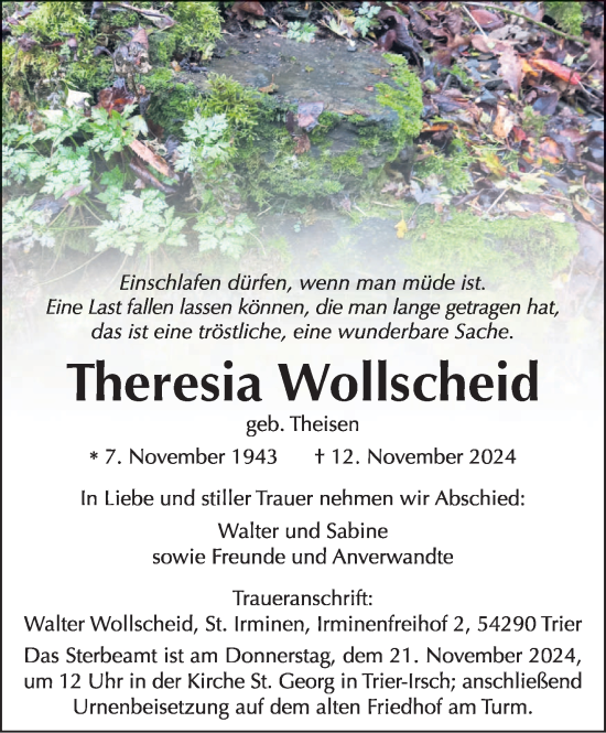 Traueranzeige von Theresia Wollscheid von trierischer_volksfreund