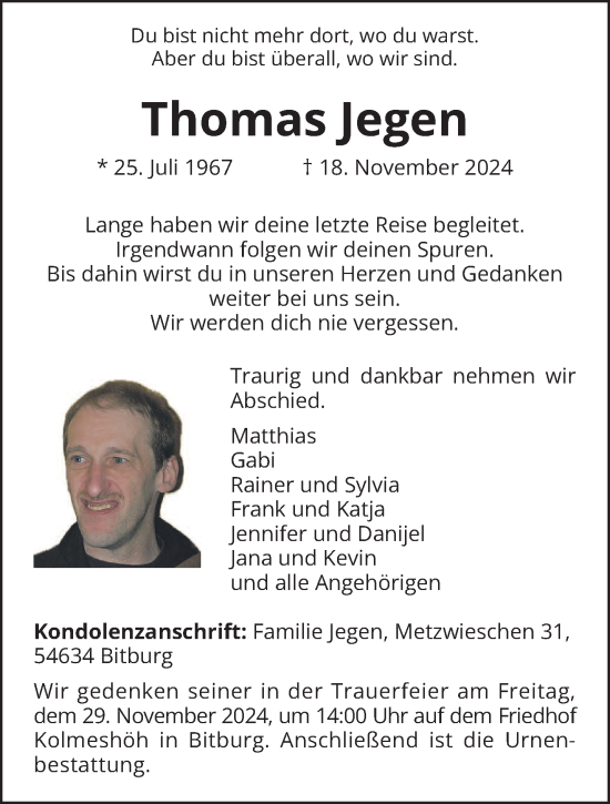 Traueranzeige von Thomas Jegen von trierischer_volksfreund