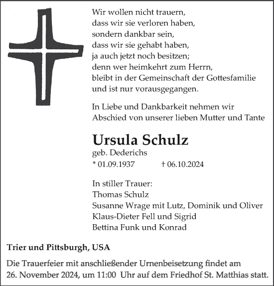 Traueranzeige von Ursula Schulz von trierischer_volksfreund