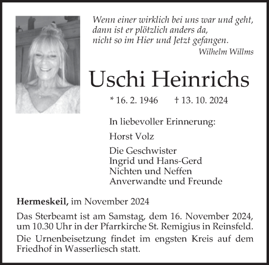 Traueranzeige von Uschi Heinrichs von trierischer_volksfreund