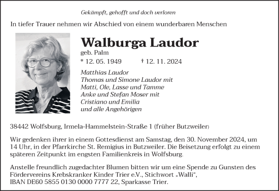 Traueranzeige von Walburga Laudor von trierischer_volksfreund