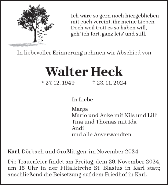 Traueranzeige von Walter Heck von trierischer_volksfreund