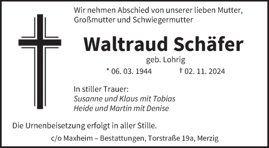 Traueranzeige von Waltraud Schäfer von trierischer_volksfreund