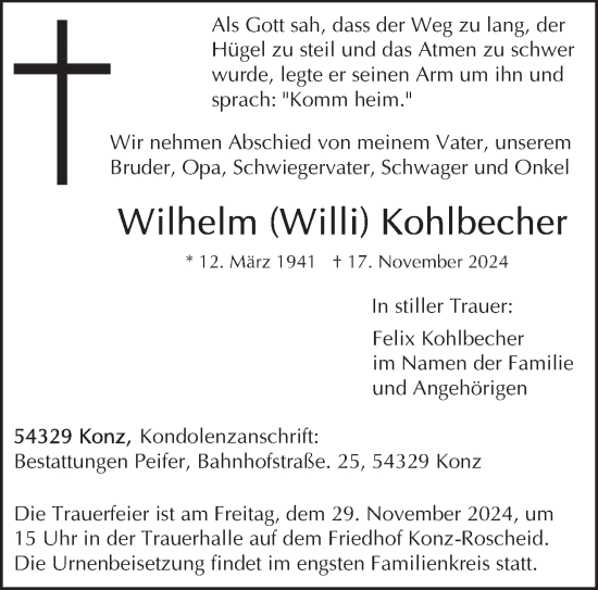 Traueranzeige von Wilhelm Kohlbecher von trierischer_volksfreund