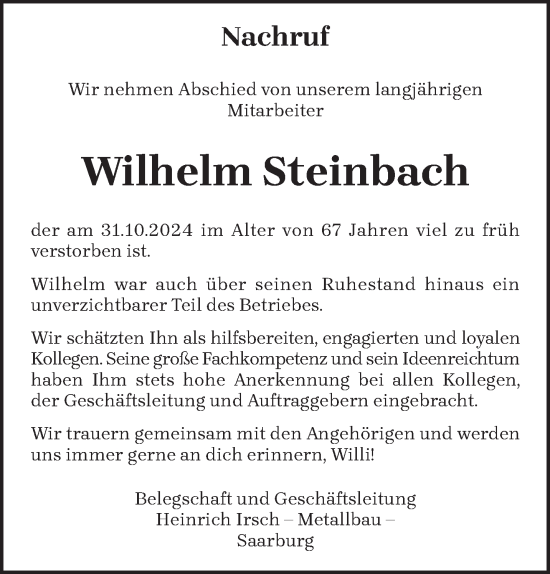 Traueranzeige von Wilhelm Steinbach von trierischer_volksfreund