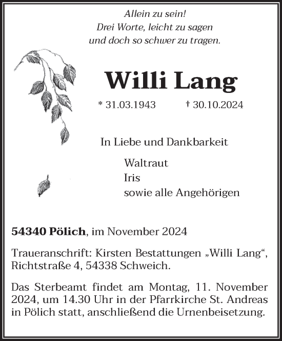 Traueranzeige von Willi Lang von trierischer_volksfreund