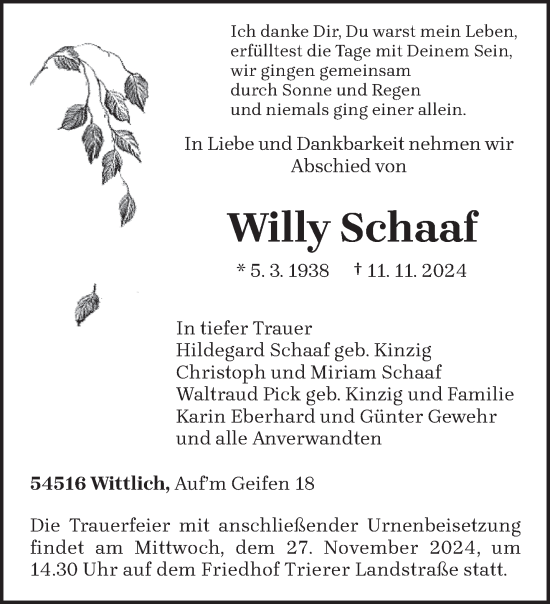 Traueranzeige von Willy Schaaf von trierischer_volksfreund