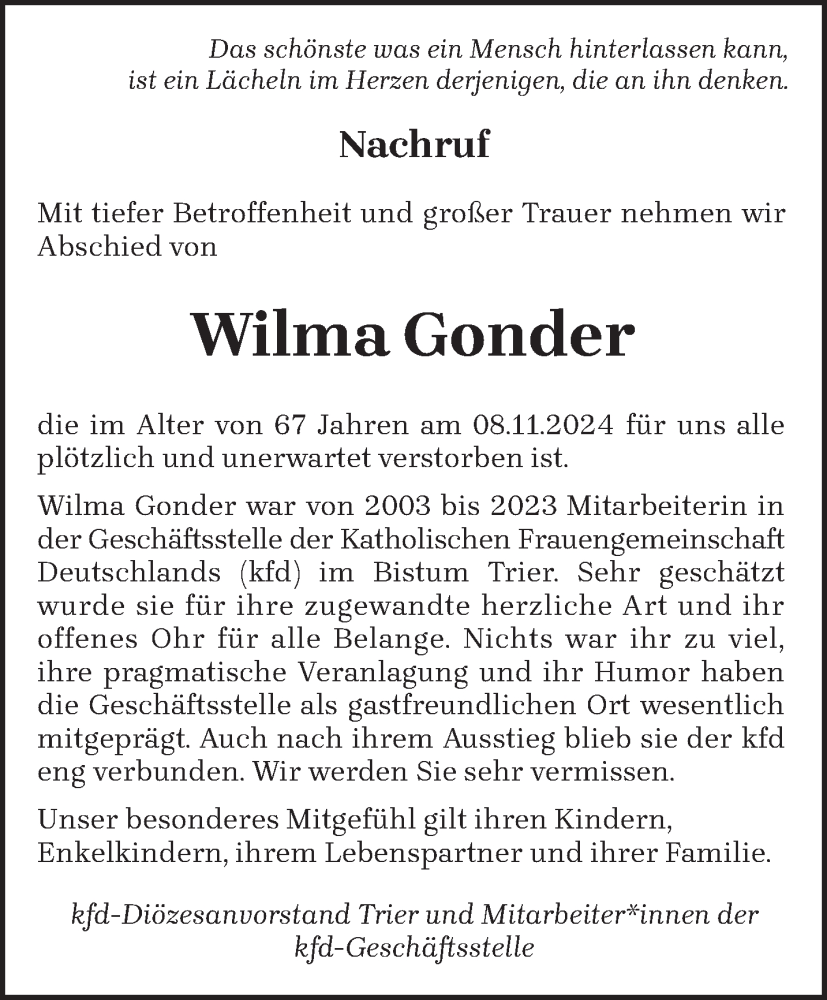  Traueranzeige für Wilma Gonder vom 16.11.2024 aus trierischer_volksfreund