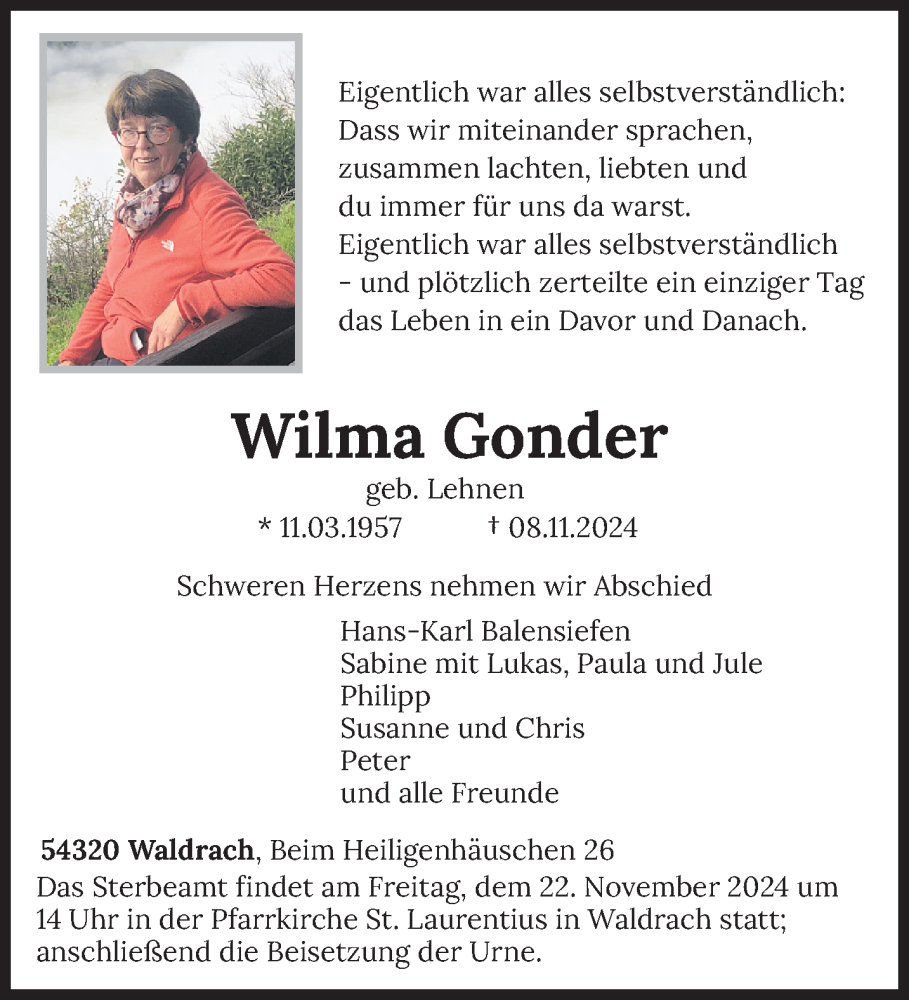  Traueranzeige für Wilma Gonder vom 16.11.2024 aus trierischer_volksfreund