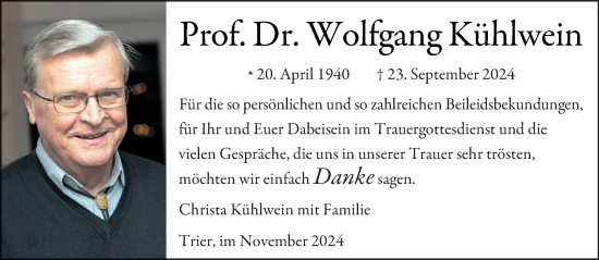 Traueranzeige von Wolfgang Kühlwein von trierischer_volksfreund