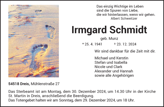 Traueranzeige von Irmgard Schmidt von trierischer_volksfreund