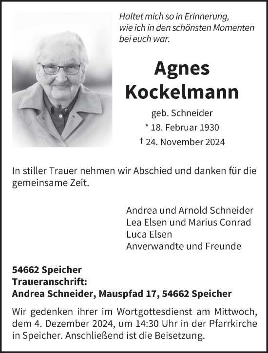 Traueranzeige von Agnes Kockelmann von trierischer_volksfreund