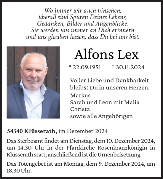 Traueranzeige von Alfons Lex von trierischer_volksfreund