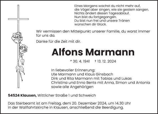 Traueranzeige von Alfons Marmann von trierischer_volksfreund