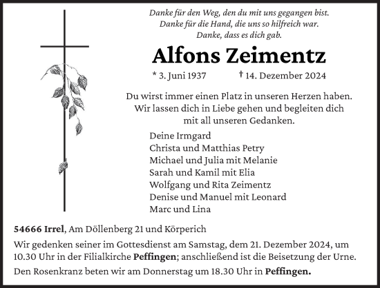 Traueranzeige von Alfons Zeimentz von trierischer_volksfreund