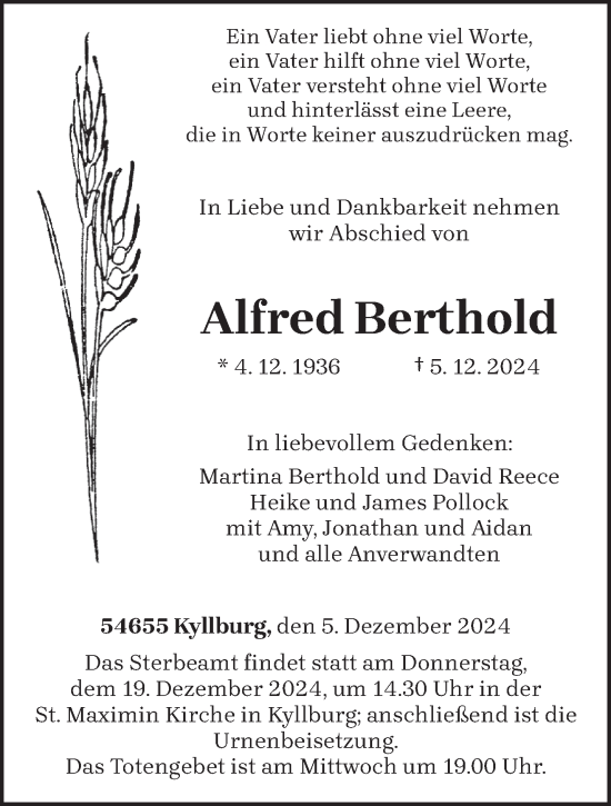 Traueranzeige von Alfred Berthold von trierischer_volksfreund