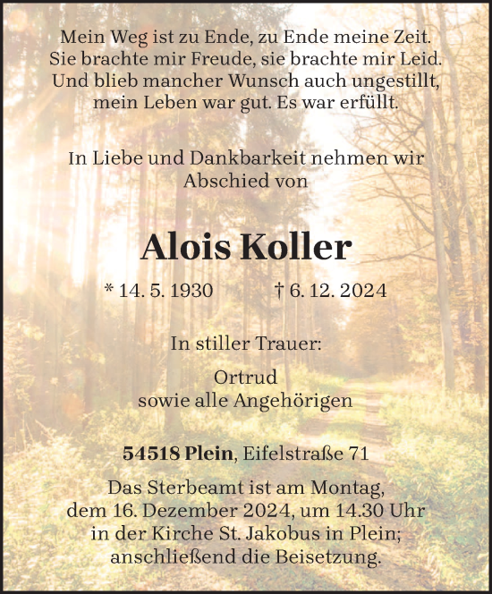 Traueranzeige von Alois Koller von trierischer_volksfreund