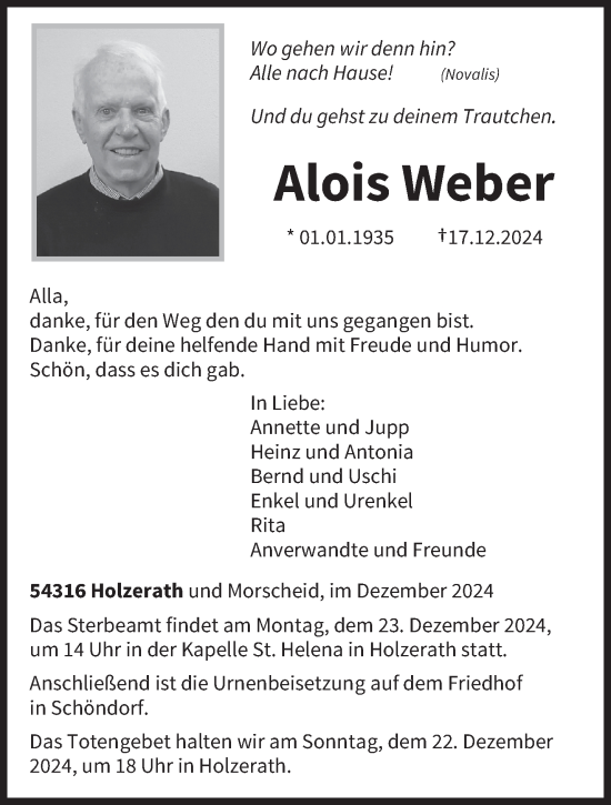 Traueranzeige von Alois Weber von trierischer_volksfreund