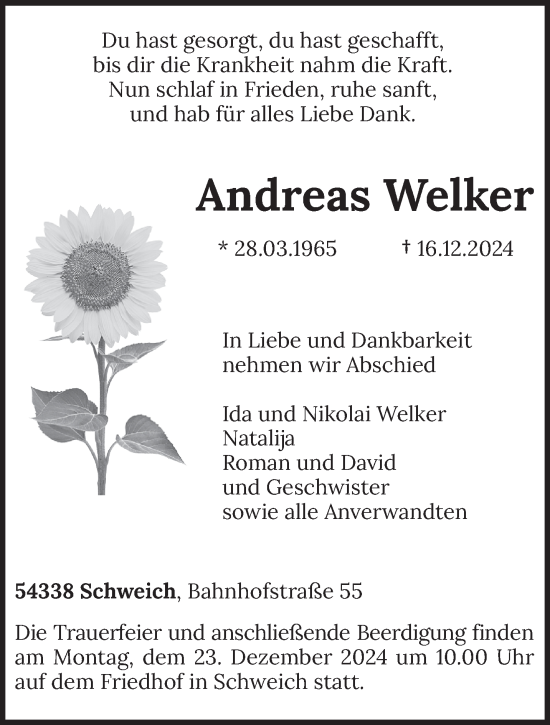 Traueranzeige von Andreas Welker von trierischer_volksfreund