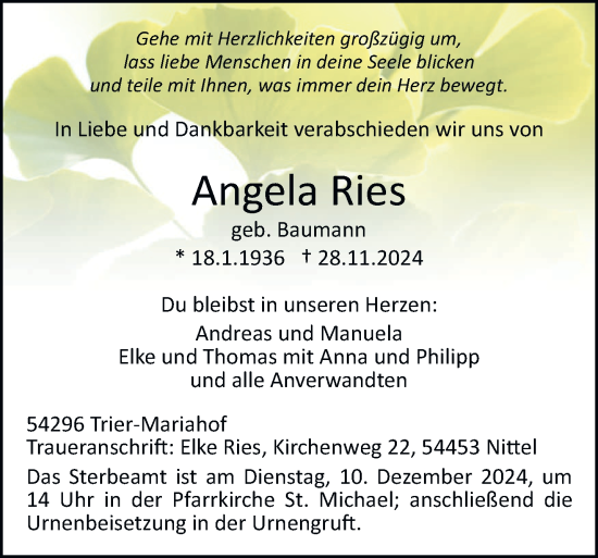 Traueranzeige von Angela Ries von trierischer_volksfreund