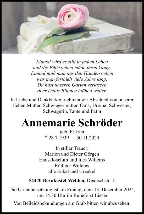 Traueranzeige von Annemarie Schröder von trierischer_volksfreund